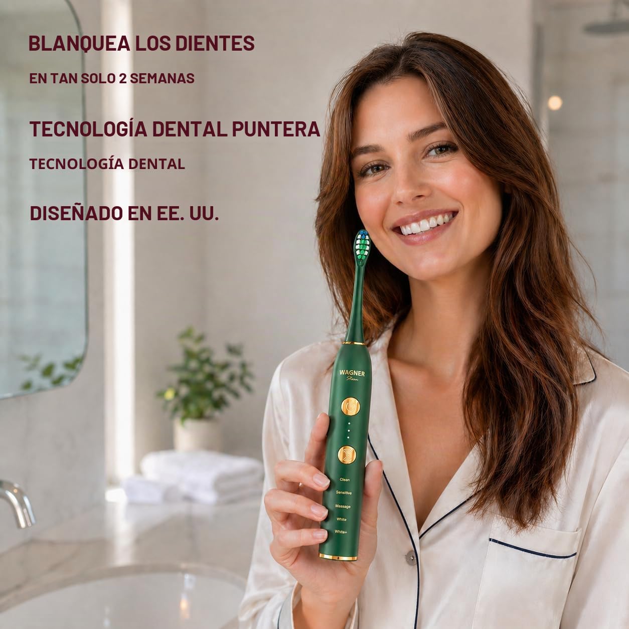 Wagner Stern WHITEN+ Edition. Cepillo de dientes eléctrico blanqueador con sensor de presión. Ofrece 5 modos de cepillado, 3 intensidades, 8 cabezales de cepillo suaves y un estuche de viaje de lujo.