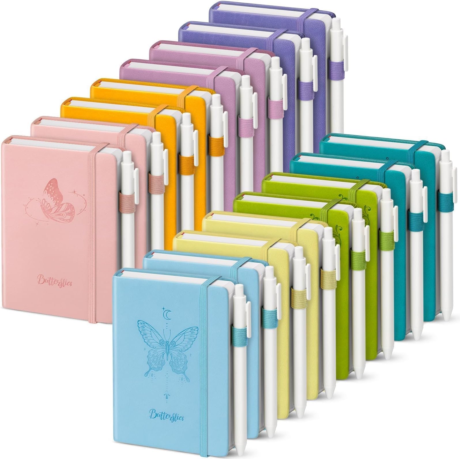 Oucaru Small Notebook 16 Pack, A6 Pocket Notebook with Butterfly Design | Hardcover Lined Mini Notebook with Pens, 8 Color Set, Thick Paper, 120 Pages for Journaling, Note Taking, Work and School