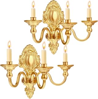 Shimeyao 2 Pcs Victorian 3-Candle Sconces Gothic Metal Wall Mounted Candelabra Gold Antique Gothic Candle Holder Brass Baroque Decor for Home Living Rooms Hallways