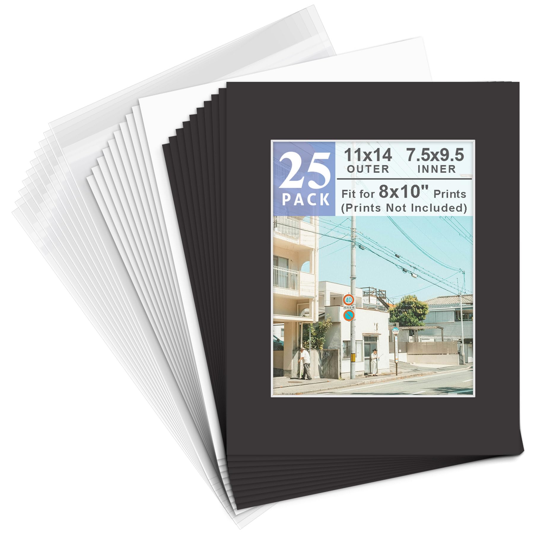 Pack of 25 11x14 Black Picture Mats Mattes with White Core Bevel Cut for 8x10 Photo +Backing +Bags