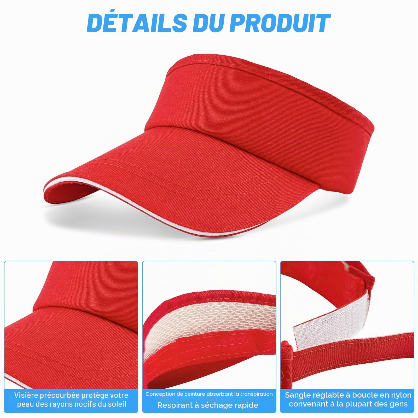 XianZhan Casquette visière EU 4, casquette de baseball 54-60 cm avec 4 clips, respirante et absorbant la transpiration, unisexe, 4 couleurs : noir, blanc, rouge, bleu
