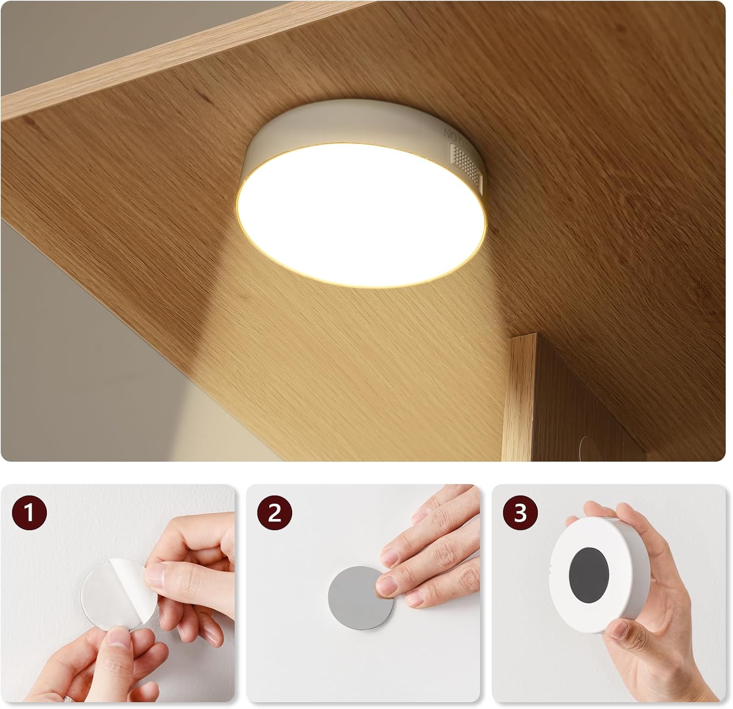 Three-step diagram showing how to install the sensor light: 1. Peel adhesive, 2. Attach magnetic disc, 3. Mount light onto disc.