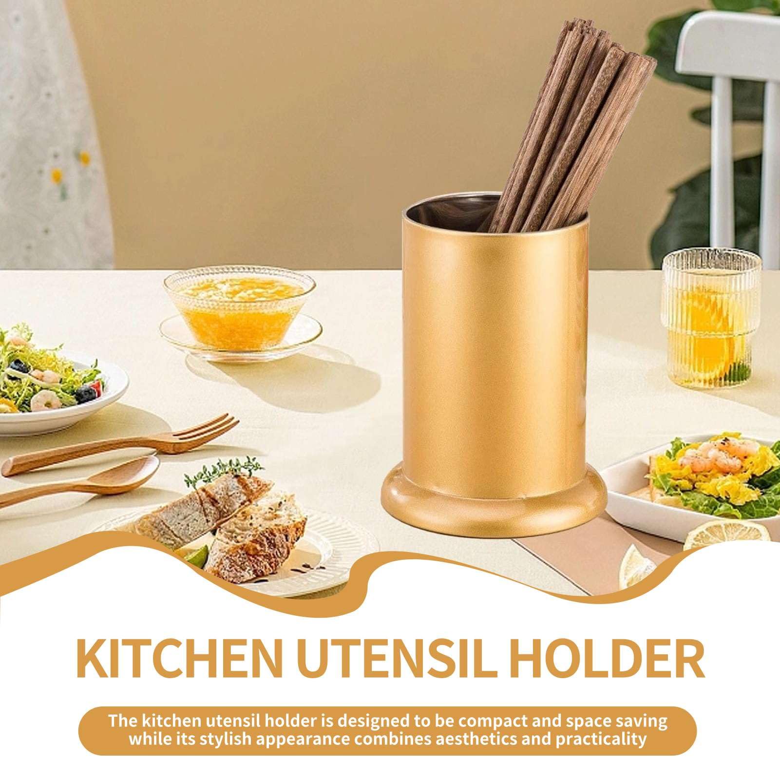 Kitchen Utensil Holder, Gold Stainless Steel Silverware Drainer Basket Cylinder Flatware Draining Organizer Drying Rack Straw Holder Silverware Caddy Organizer for Forks, Knives, Spoons, Chopsticks
