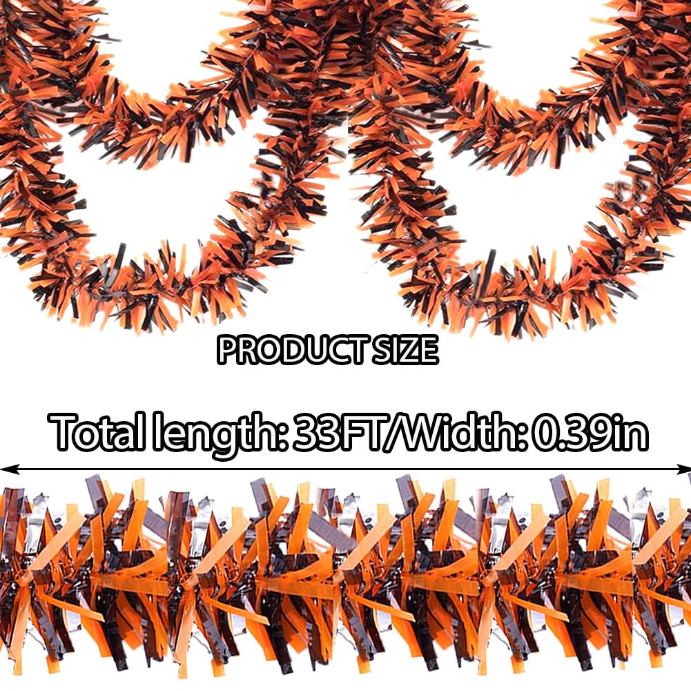 Halloween Tinsel Garland - 33 Ft Shiny Metallic Tree Garland Glitter Tinsel Hanging Twist Hanging Decorations for Halloween Party Holiday Supplies (Orange,Black)