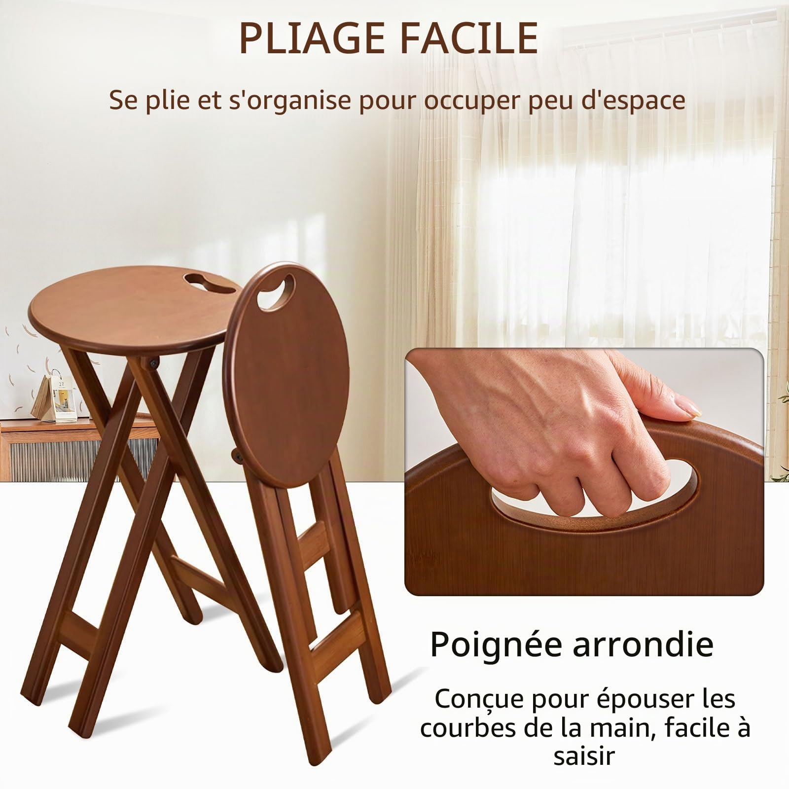 Tabouret De Bar Pliable Lot De 1/2/3/4 Chaise De Bar Pliante Haute Bambou Tabouret Haut Pliant Avec Siège De 32cm Tabouret De Cuisine Hauteur D'assise 60cm Pas D'installation Nécessaire Pour Comptoir(