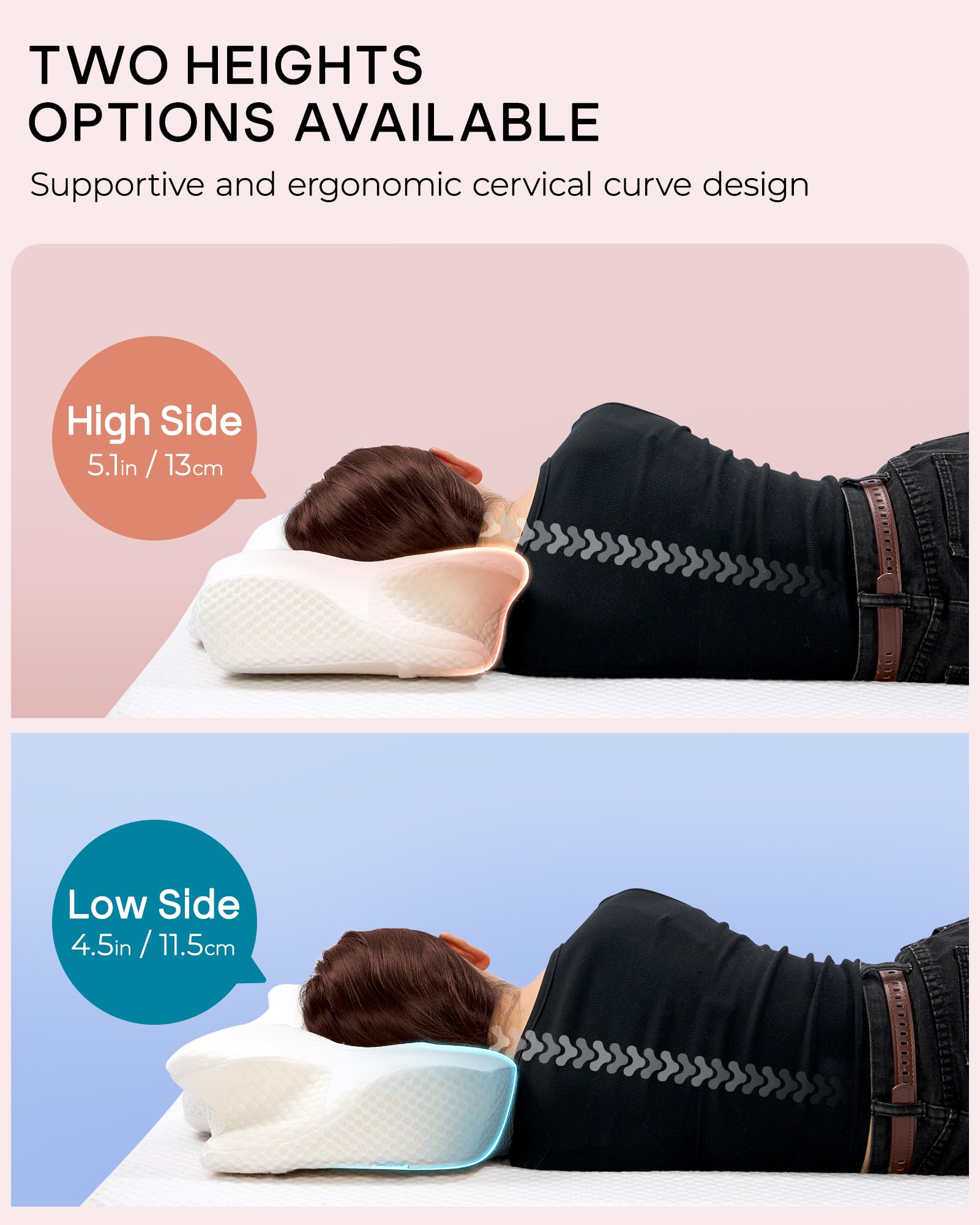 Cuscino Cervicale per Dormire, Cuscino Ortopedico Ergonomico Memory Foam, Supporto per Collo, Dormire sul Fianco, Schiena e Stomac, 64 x 40 x 13/11.5 cm, Federe Raffreddamento Lavabile, Grigio Scuro