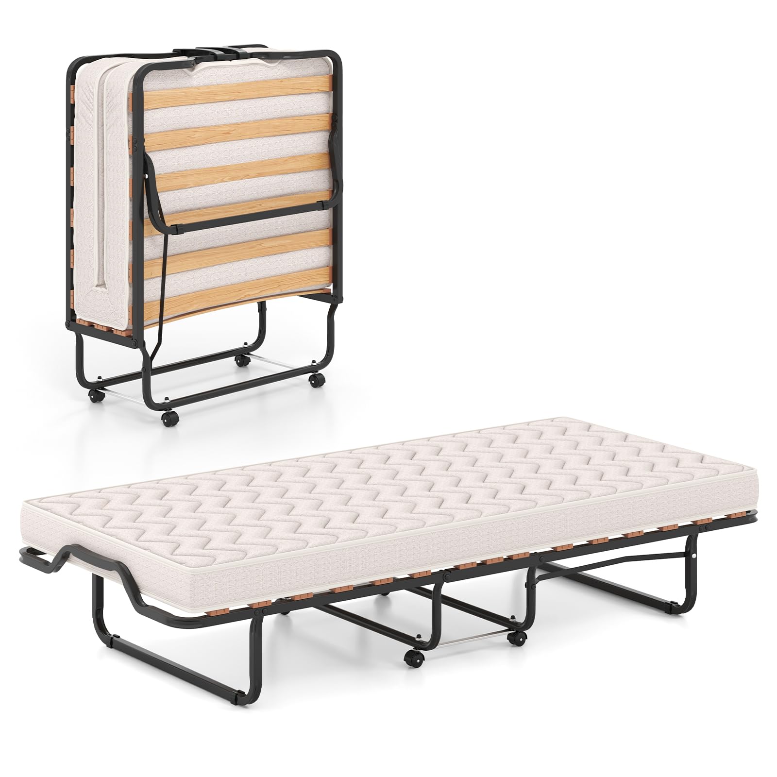 COSTWAY Brandina Pieghevole con Materasso, Struttura Metallica, Materasso in Memory Foam, Trapuntatura a Onda con Imbottitura a Doppia Fibra, 200x90x41 cm, Made in Italy (Stile 2 Beige)
