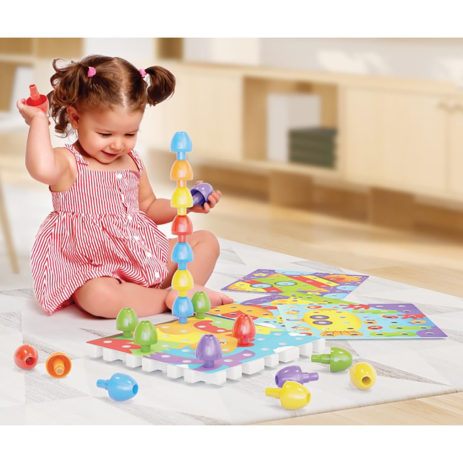 Quercetti Jumbo Peggy Bio, Mosaico Bambini, Giochi Bambini 2 Anni fino ai 5 Anni, Chiodini per Bambini 3 Anni, Costruzioni per Bambini 3 Anni con 36 Chiodini, 9 Piastre e 4 Schede, Made in Italy