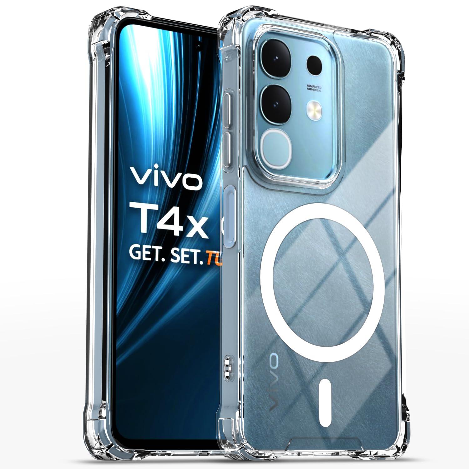 Amazon Basics Back Cover for Vivo T4x 5G / iQoo Z10x 5G Mag-Safe Shockproof PC + TPU Protective Case Magnetic Support Bumper Case (Transparent Mag-Safe)