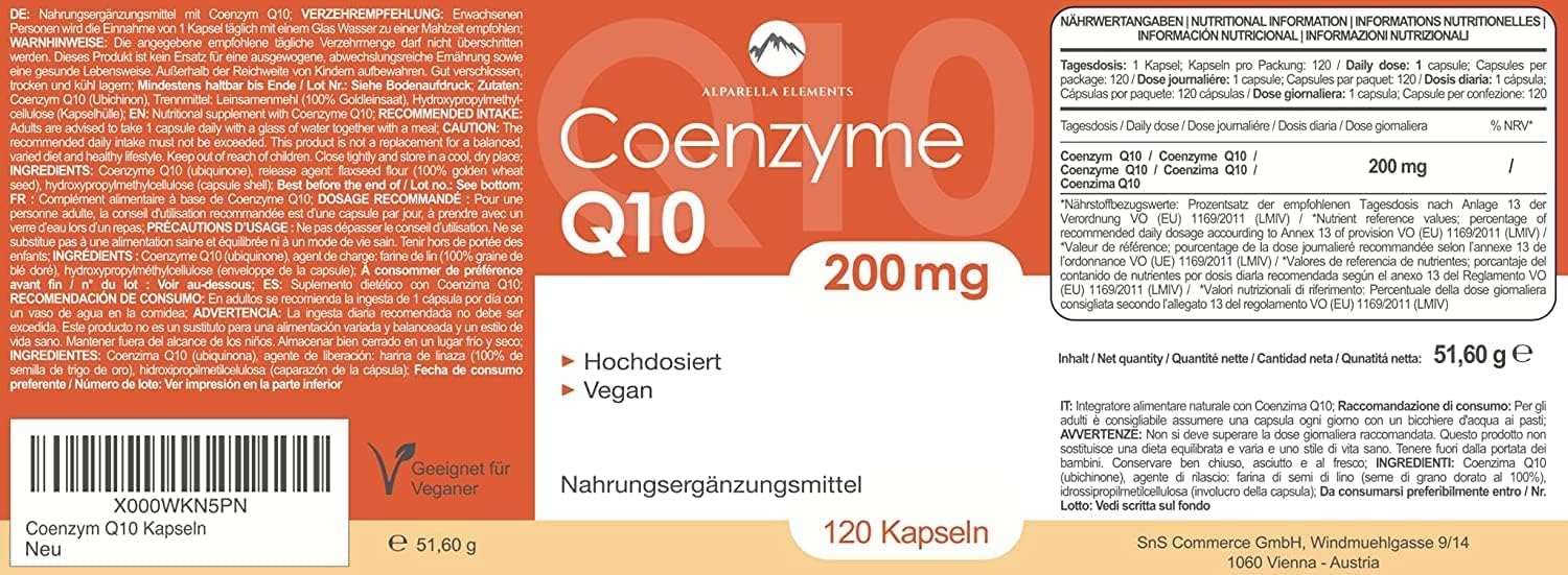 Complément de Coenzyme Q10 Hautement Concentré - Végan - 200 mg de Coq10 par Gélule - 120 Gélules - 4 Mois de Cure - Fabriqué en Allemagne