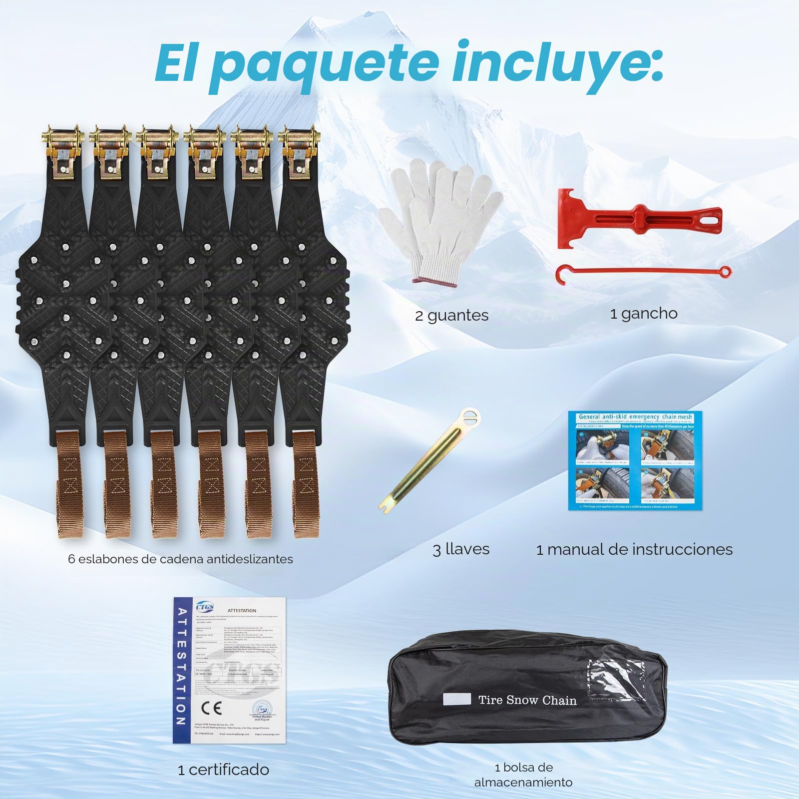 Cadenas de nieve universales para invierno, 8 unidades, 165 – 255 mm, ajustables, fáciles de montar, duraderas, para coche, camión, SUV, carretera, nieve, carreteras, carreteras, color negro