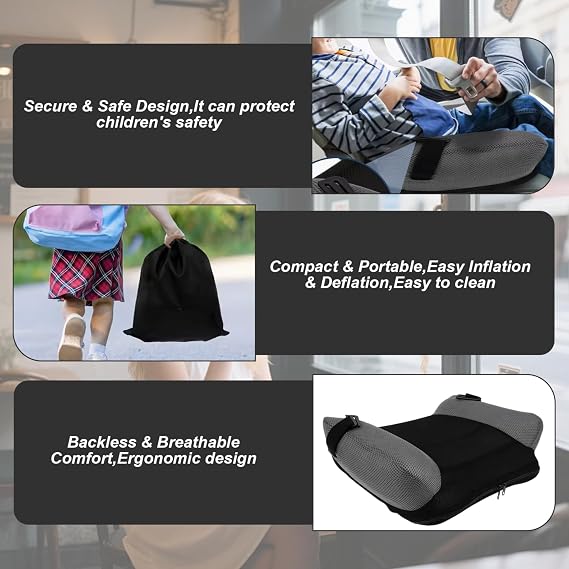 Inflatable Booster Seat Portable Backless Booster with Buckle & Carry Bag Blow up Breathable Seat Cushion for Travel Outdoor