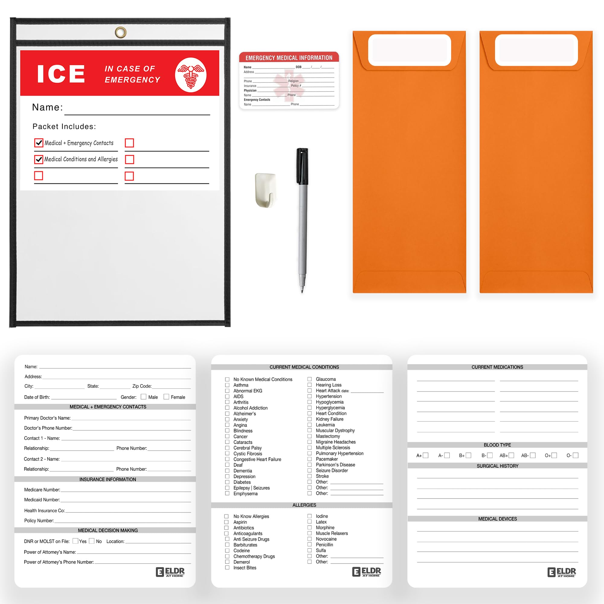 ELDR At Home, Medical Information for First Responders EMT's, In Case of Emergency File for Fridge, For Elderly, Seniors, Alzheimer's Dementia, Medical Alert, Emergency Contact ID, medication list