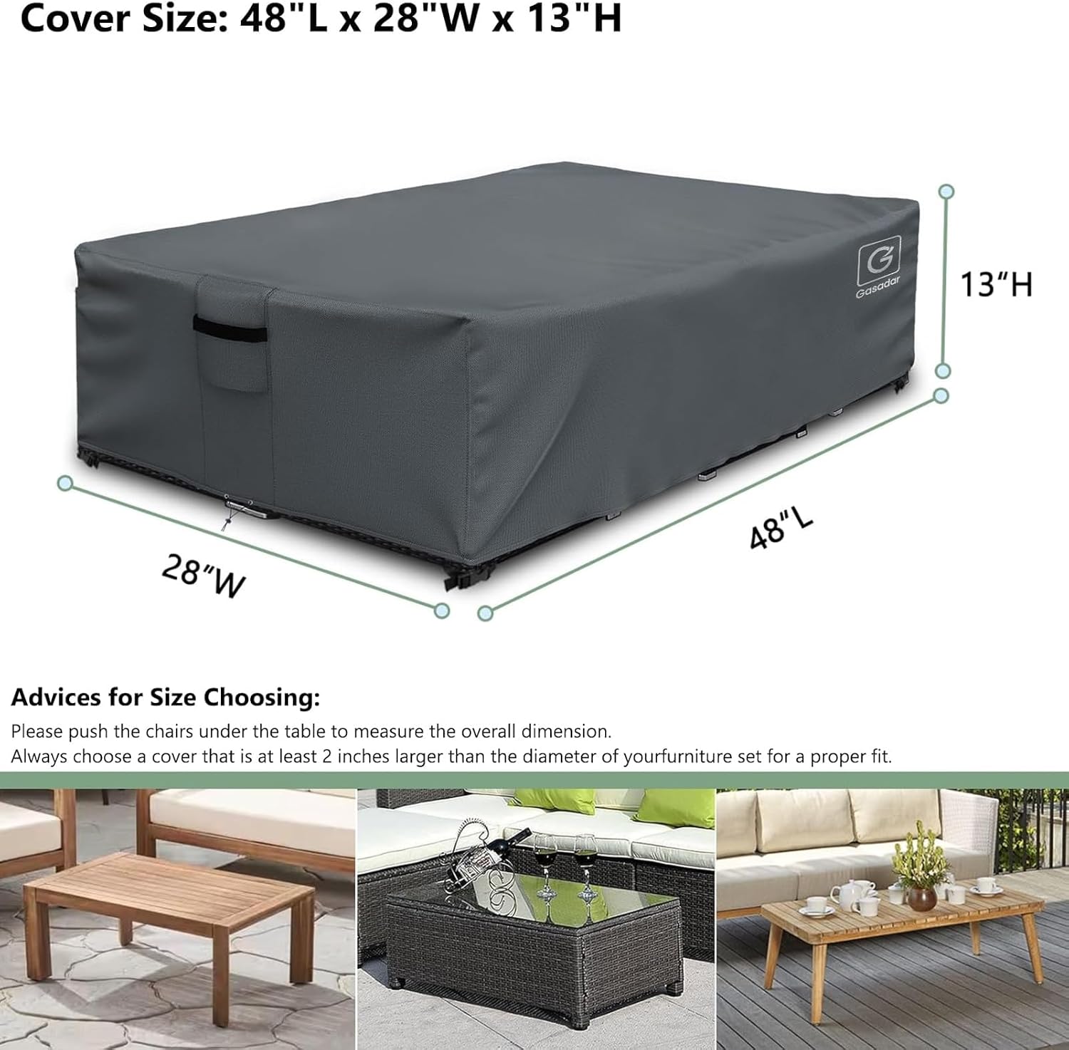 Patio Furniture Covers Waterproof for Coffee Table Cover, Heavy Duty Durable Rectangular Outdoor Coffee Table Cover, 48L x 28Wx 13H inches, Grey