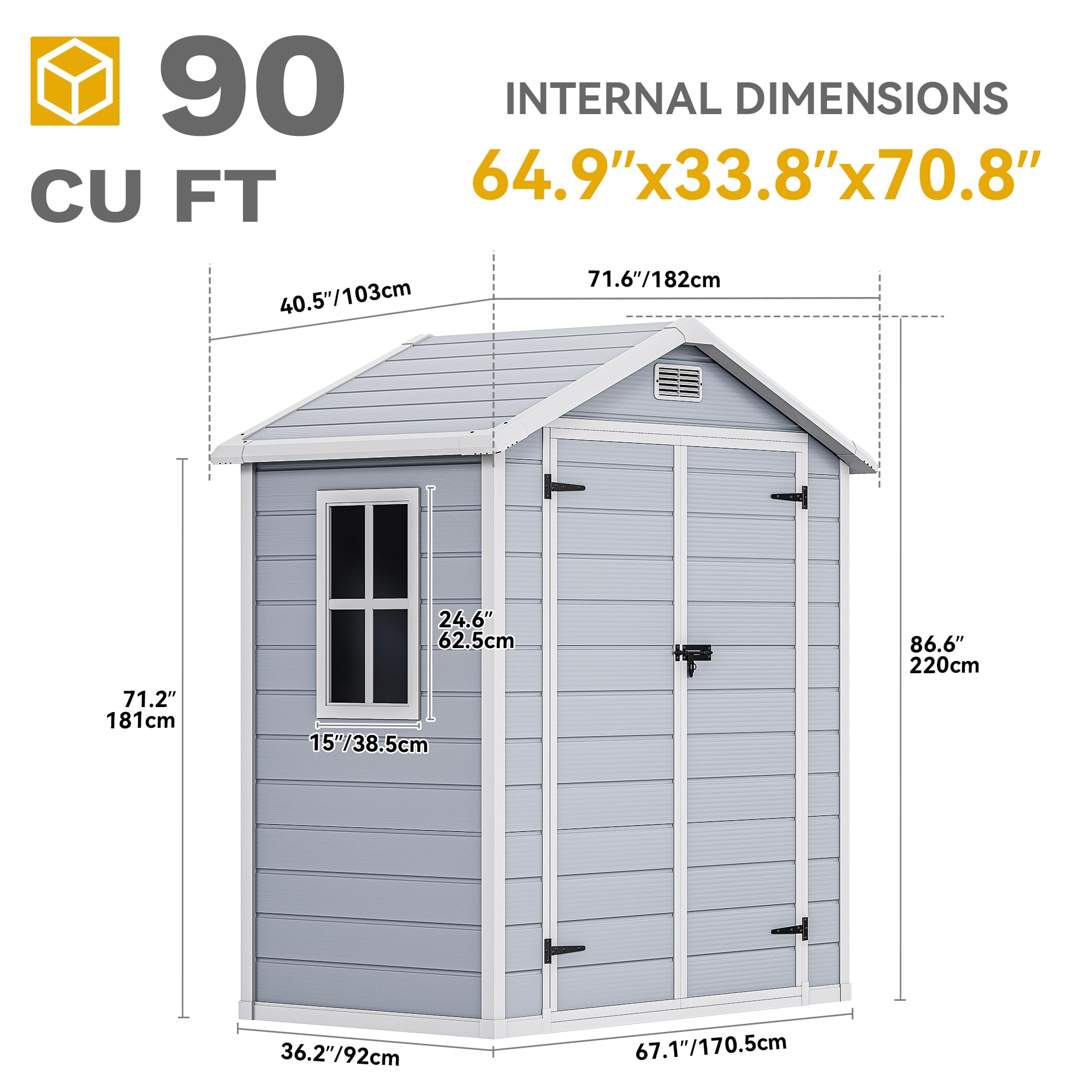 YITAHOME Kunststoff Gartenhaus 6,2x3,4 Fuß (ca. 189x104cm) mit Lüftung & Fenster, Aufbewahrungsschuppen mit abschließbarer Tür und integriertem Boden für Garten, Hof und Terrasse, Kaltgrau