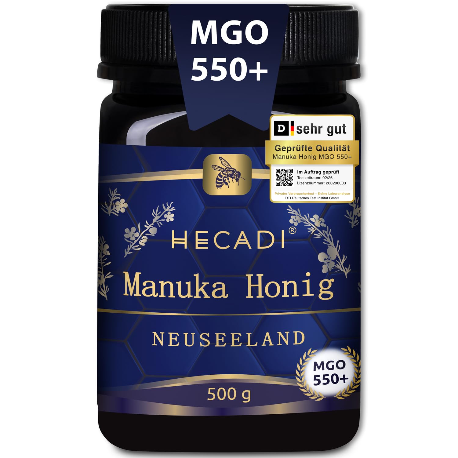 Manuka Honig 550+ MGO Hecadi® I Original Manuka-Honig aus Neuseeland I mit zertifiziertem und Garantiertem Inhalt von MGO I 500 g