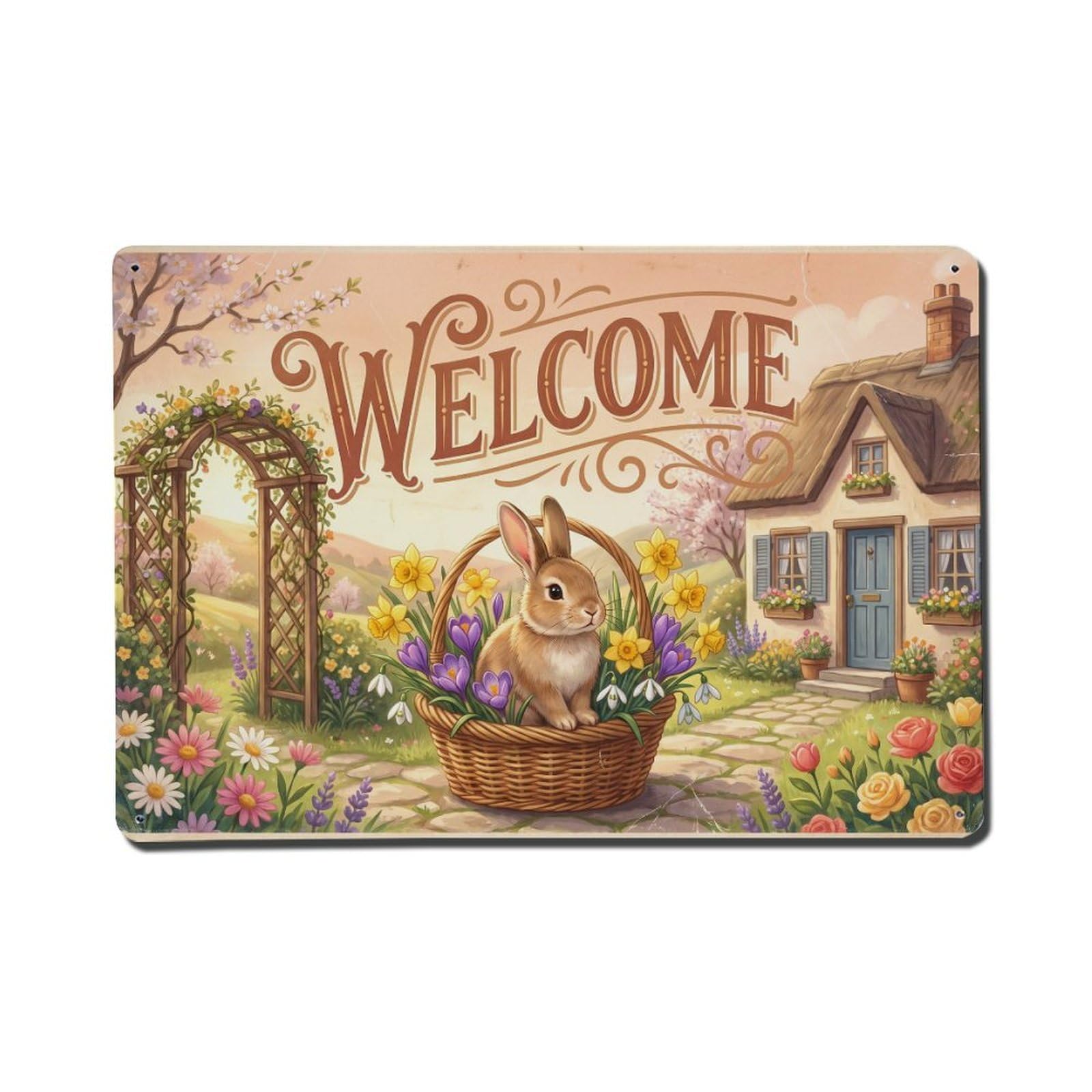 Vintage Welcome Rabbit Cottage Life Metal Tin Sign