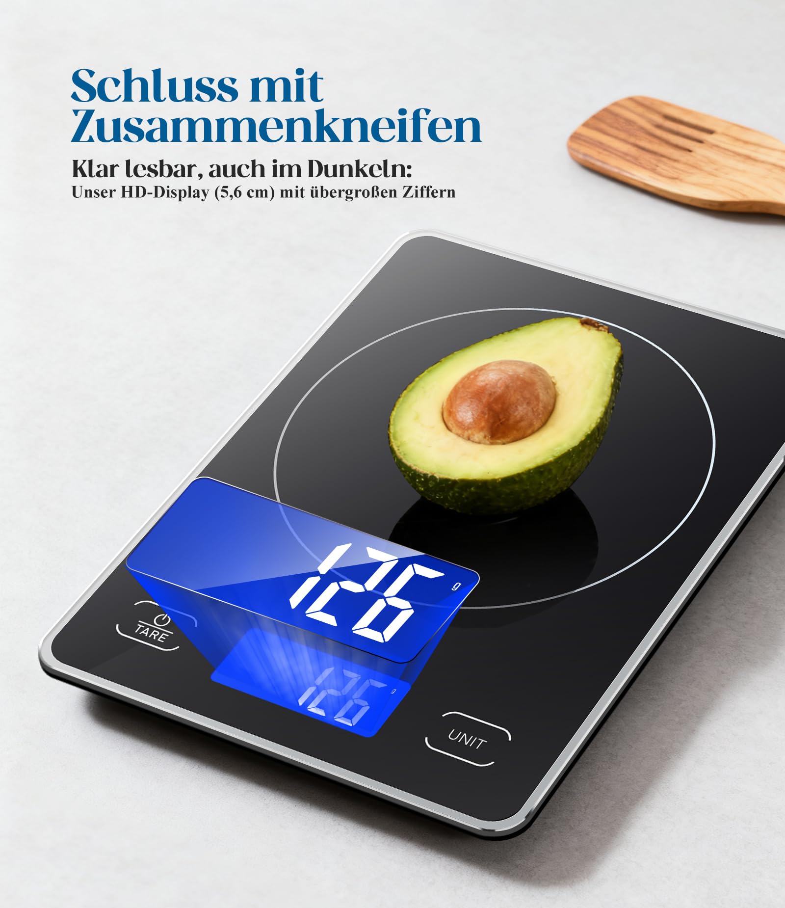Küchenwaage Digital mit 15 kg Tragkraft, 5 Einheiten in g/ml/fl'oz, Präzise Waage Küche mit Großem Display, Dual Power (USB-C/Batterie), 1g Hochpräzise, Tara, Sicherheitsglas für Backen, Kochen