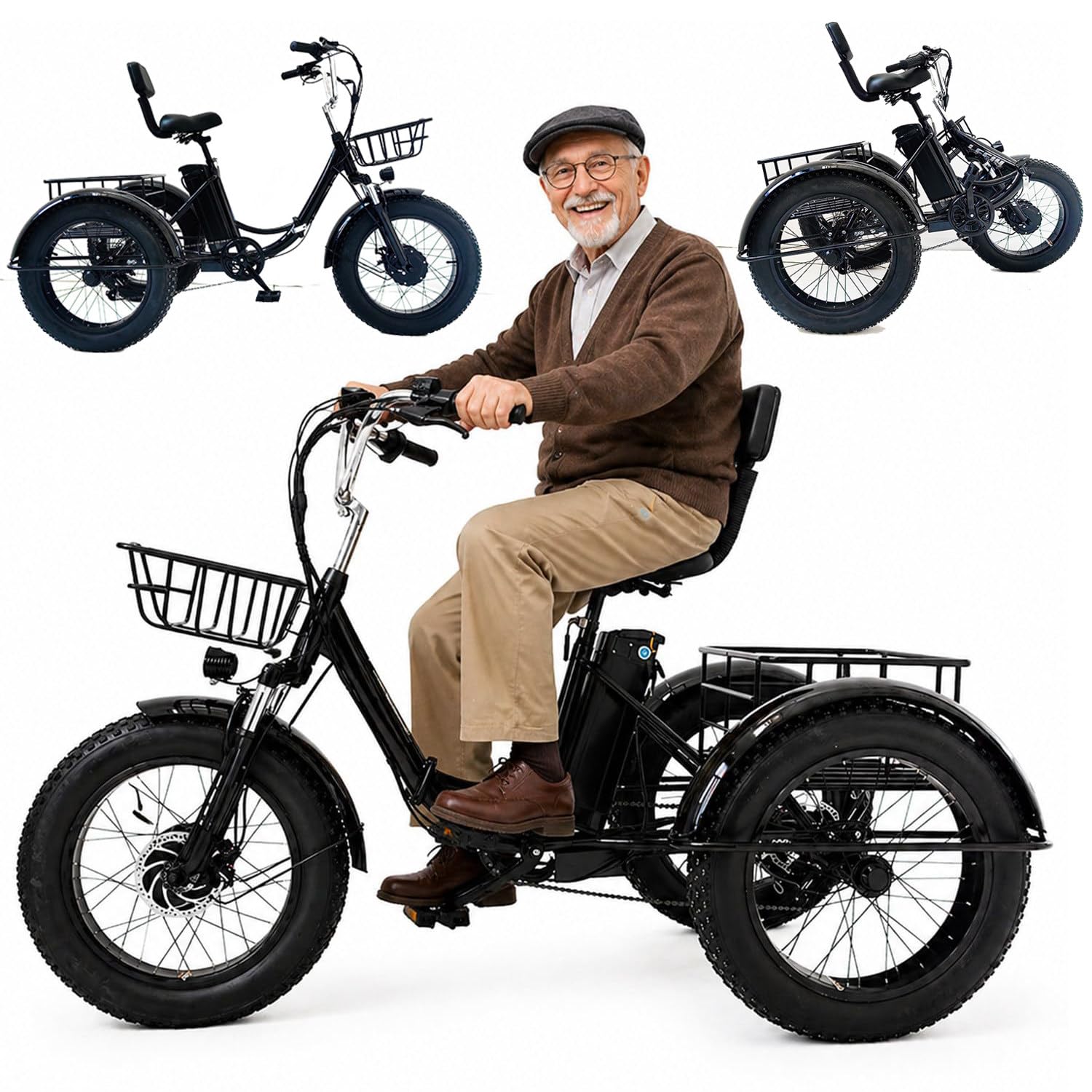 WhFKLca 7 Speed Folding Electric Bike for Adults, 20" Folding Electric Trike with 48V 13Ah Removable Battery, Range 45KM, LCD-Display, with Large Baskets, Perfect for Shopping/Commuting/Seniors