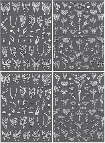 Miniatura 2 de 4 hojas de calcomanías para uñas de mariposa Y2K, mariposas de metal plateado cromado, alas de corazón, calcomanías de arte de uñas, líneas