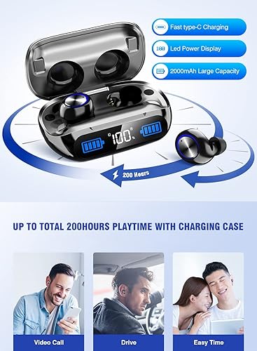 Miniatura 6 de Auriculares inalámbricos de 200 horas de reproducción Bluetooth, IPX7 impermeable, con cancelación de ruido, pantalla LED de alimentación con funda