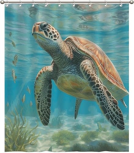 Cortina de ducha de tortuga marina en acuarela costera, océano, fondo marino, animales, impermeable, cortina de bañera náutica de playa, cortina de