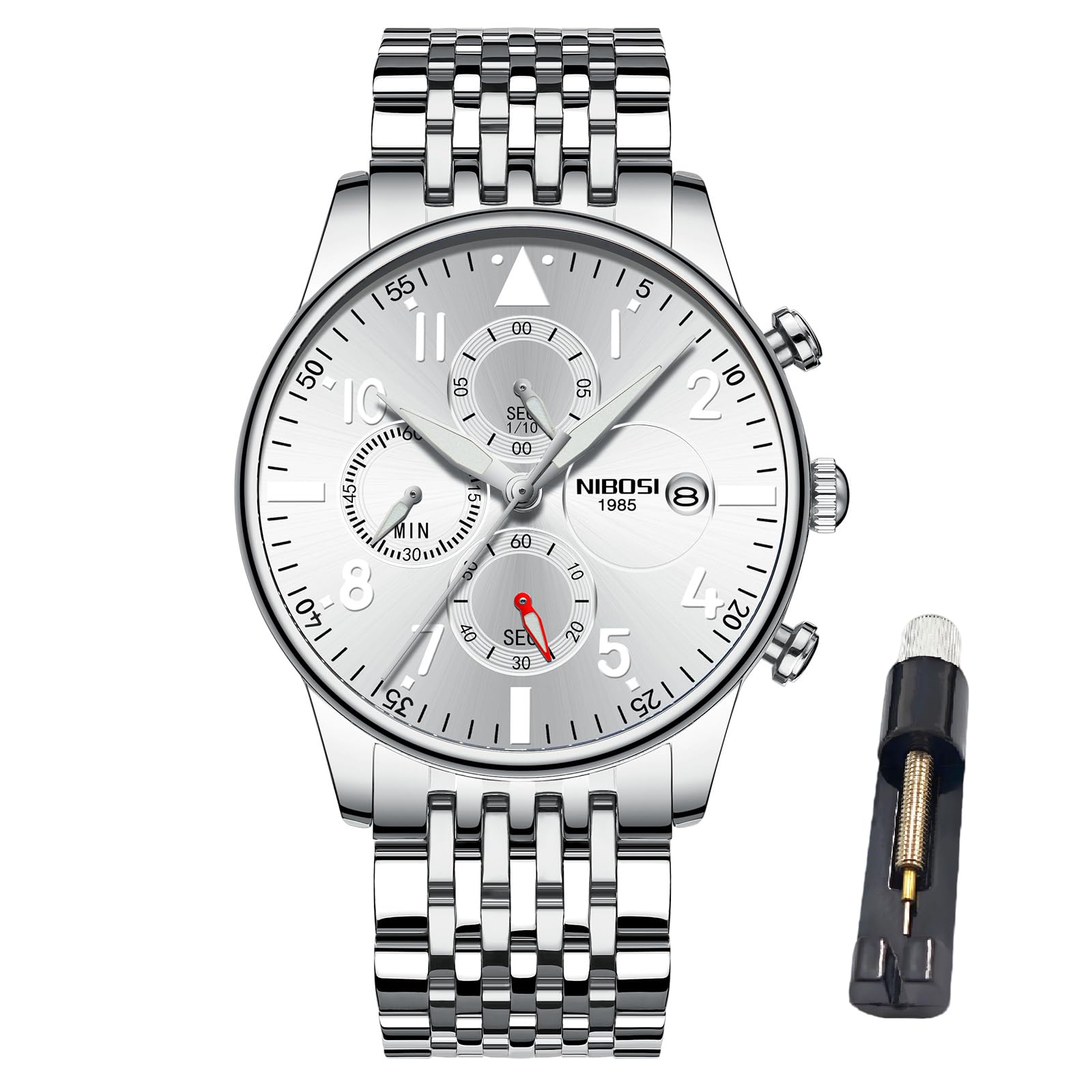 NIBOSI Watches for Men Quartz Analog,Stainless Steel Silver Blue,Day Date | Luxury Waterproof Big Face Stainless Steel Multifunction Mens Watches