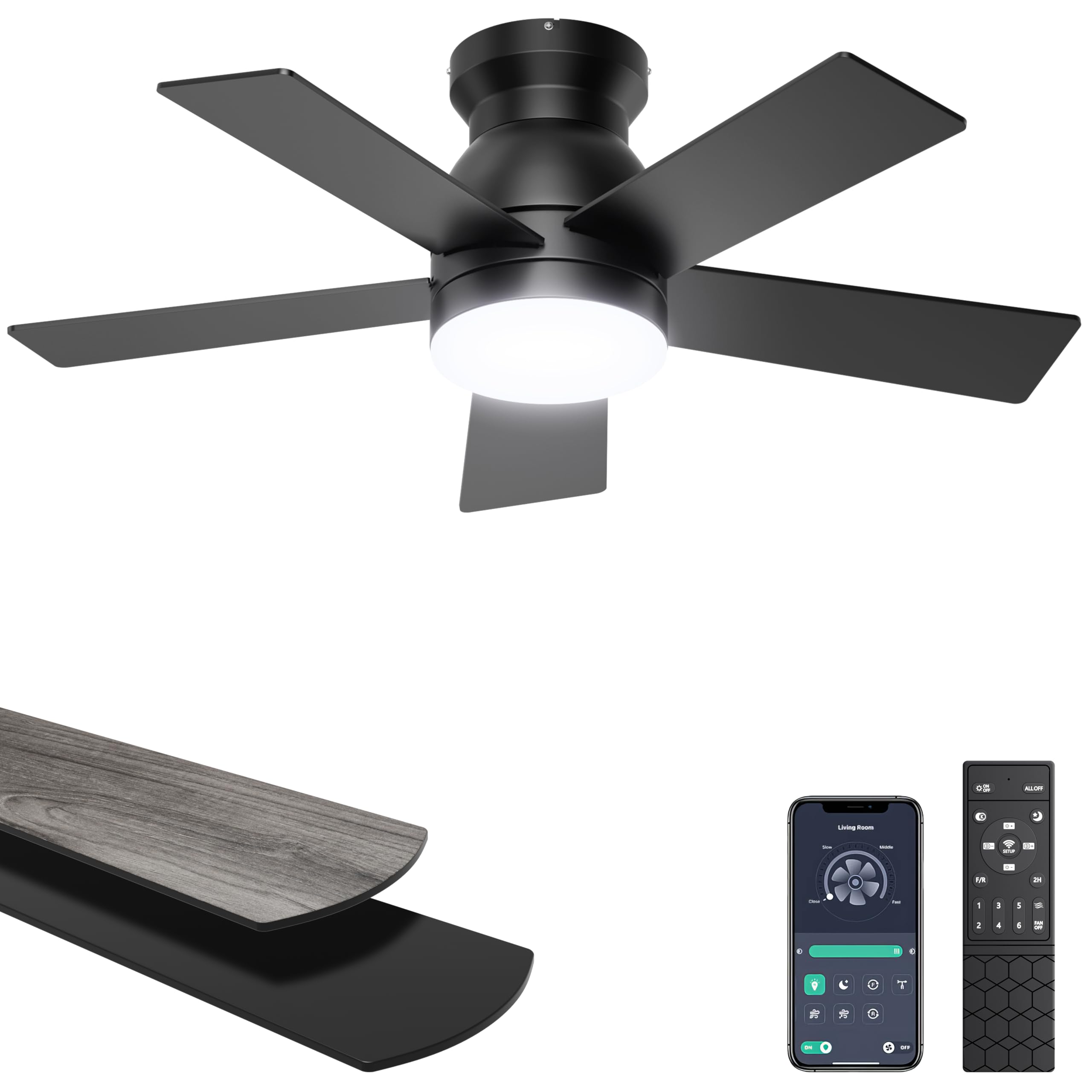 Photo 1 of Ohniyou Ceiling Fans with Lights, 32 Inch Low Profile Ceiling Fan with Light and Remote/APP Control, Flush Mount, Dimmable, Quiet DC Motor, Black Small Indoor Ceiling Fan for Bedroom, Kitchen