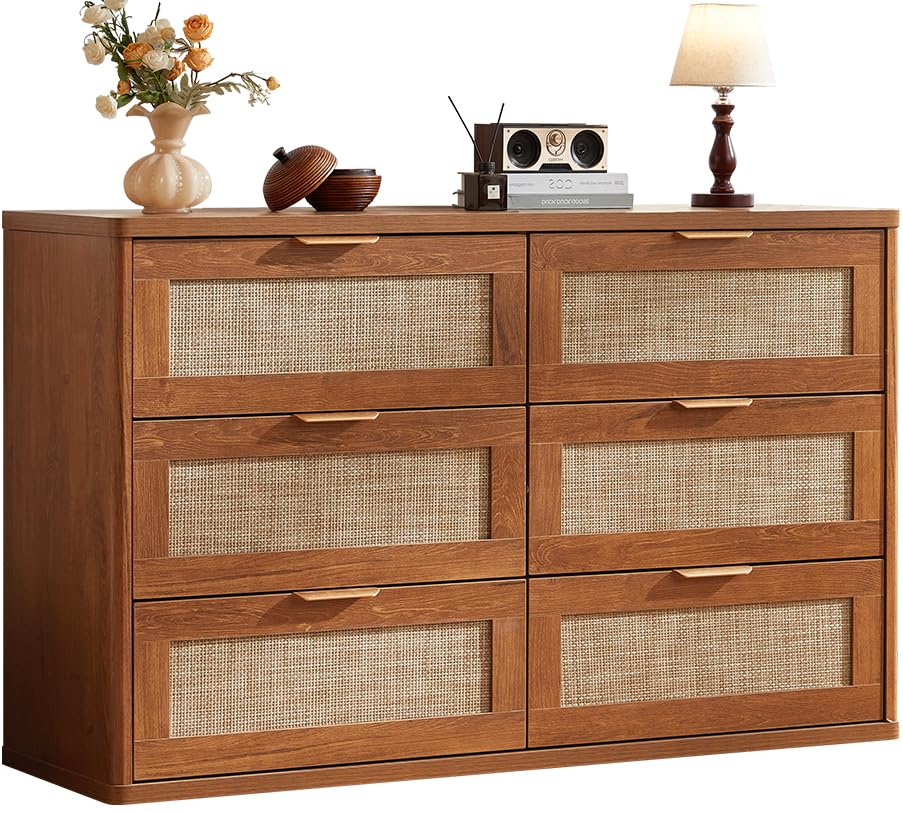 dark brown rattan dresser Brown Rattan & Rubberwood 6-Drawer Dresser with Mirror – Modern Bedroo –  VOBOHO main image 1