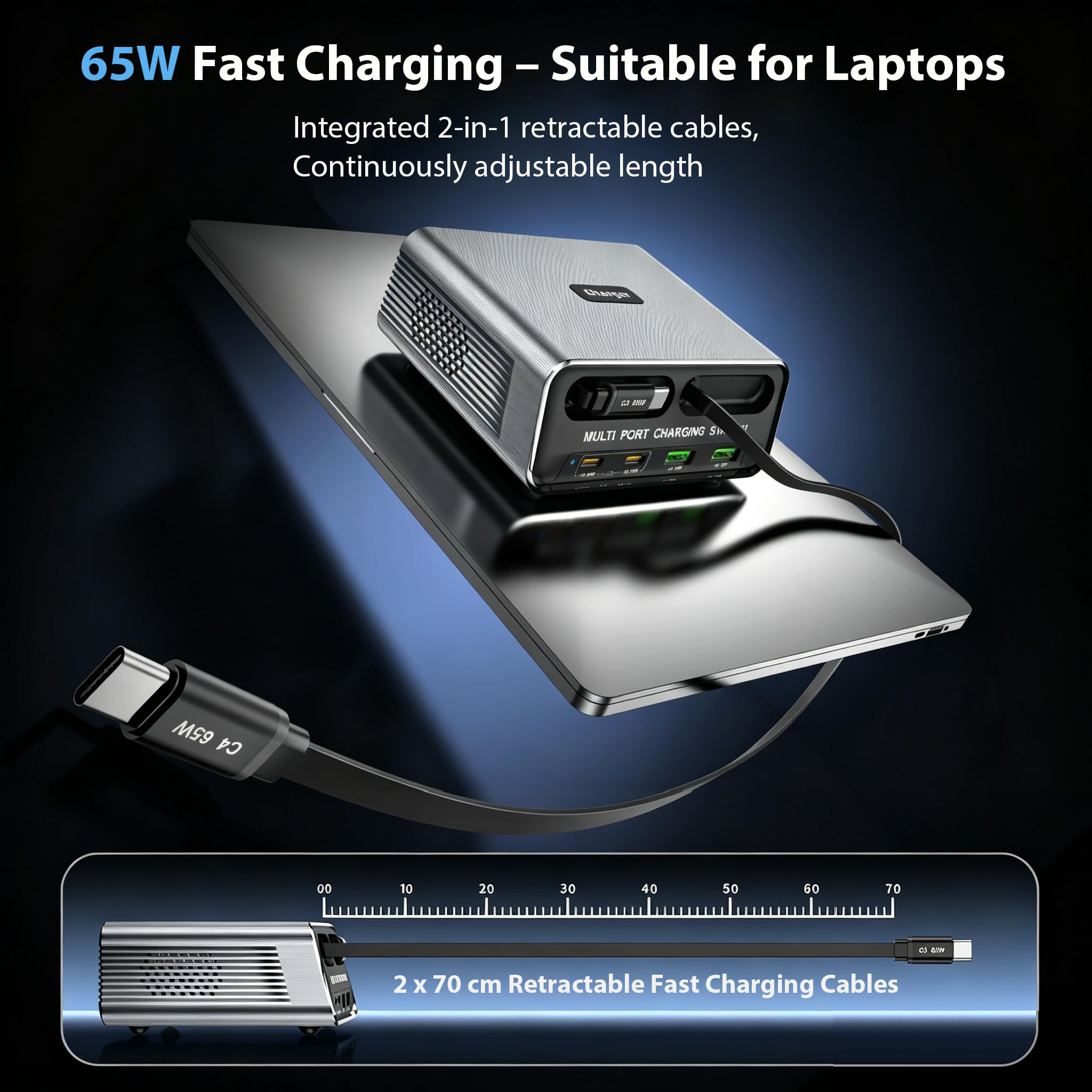Stazione di ricarica GaN 6 in 1 per più dispositivi, caricabatterie rapido USB-C da 65 W con 2 cavi retrattili, piccola multi porta compatibile con MacBook/iPad/Phone 17/16/Samsung, design silenzioso