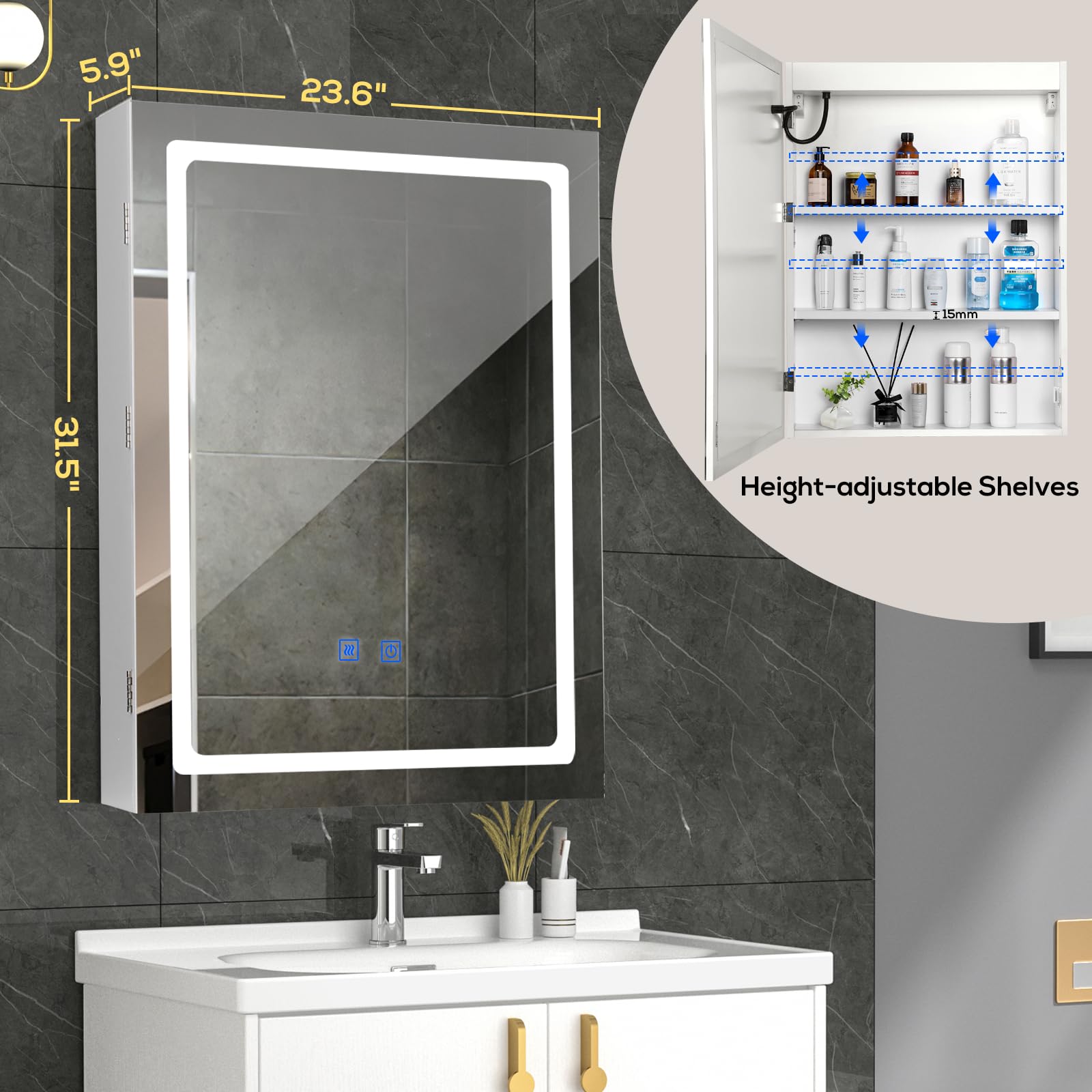 VOWNER Anti-Fog Lighted Bathroom Medicine Mirror Cabinet, Medicine Cabinet with Mirror and Lights, Dimmable, Adjustable Shelves, Memory 3-Color Mode, Wall Mounted(Engineered Wood, 24
