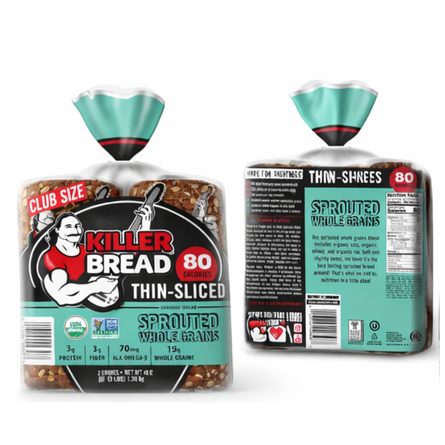 Killer Bread Organic Thin Sliced Sprouted Whole Grains Bread, Soft Sandwich Bread, USDA Organic, Non-GMO, 48 oz Loaves (2 Pack, 96 oz Total)