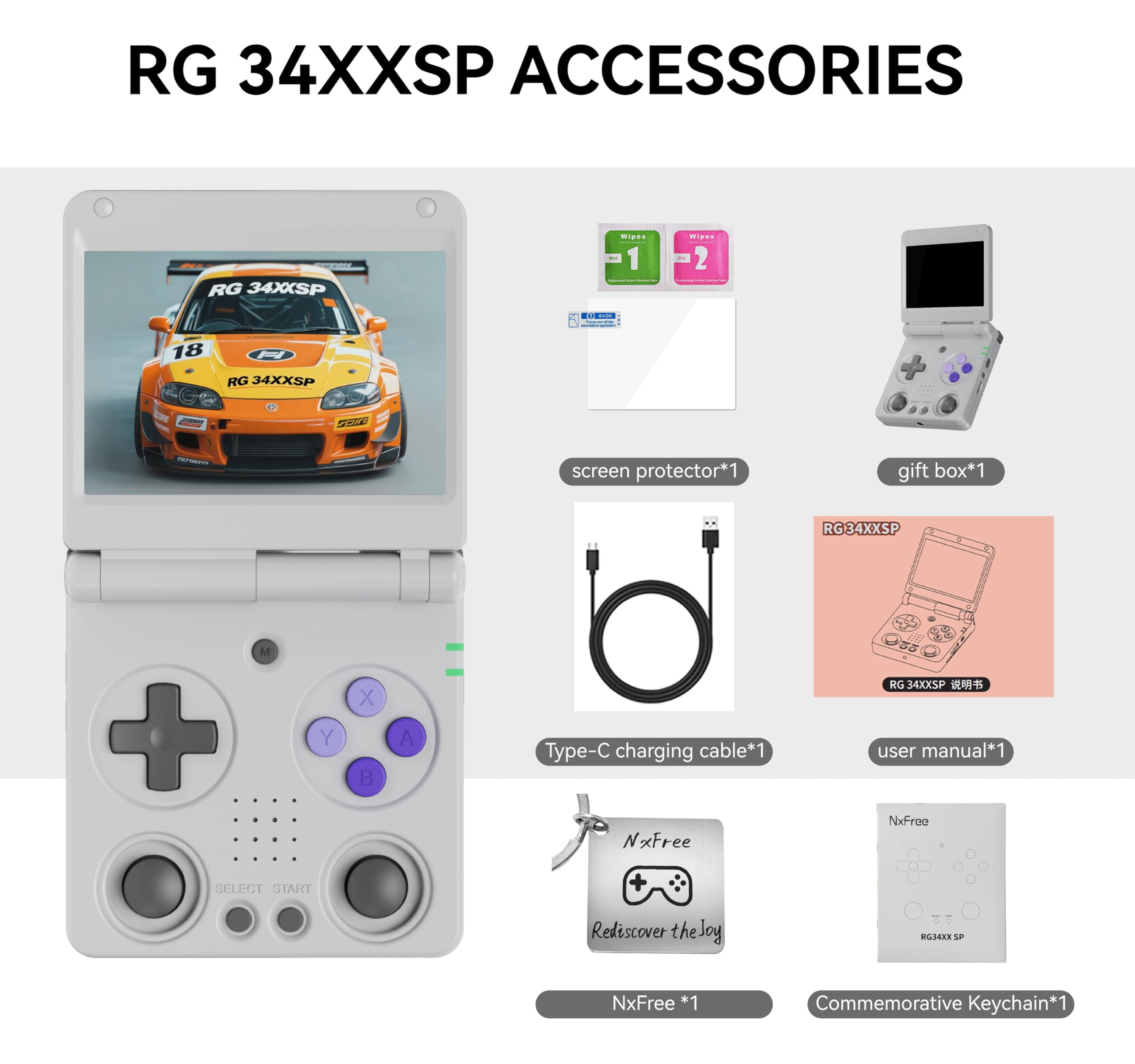 RG34XXSP, Console di gioco retrò - Design a scatto, schermo IPS da 3,4", scheda TF 64G, stile portatile (grigio 64G)