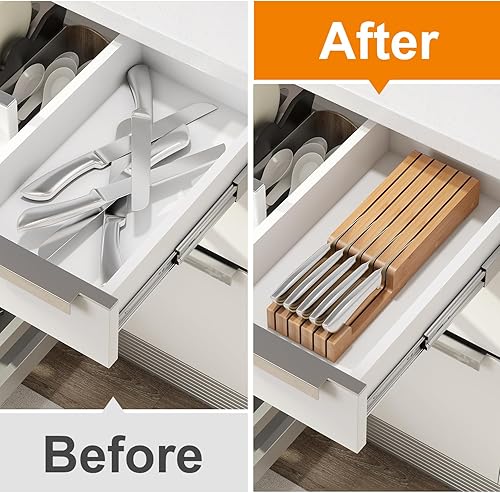 Miniatura 3 de Organizador de cuchillos en el cajón, bloque de cuchillos de bambú, soporte para cuchillos de carne sin cuchillos, capacidad para hasta 5 cuchillos