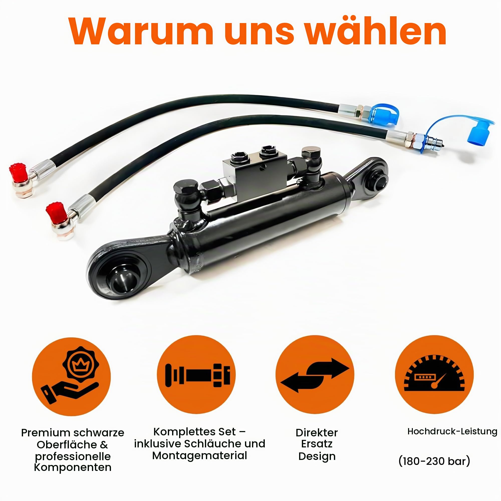 Sparepartsholland Hydraulischer Oberlenker Kat.1-1 mit Sperrblock 360–470 mm | 3/8" Hydraulikanschluss, 250 bar, 2 Schläuche inkl.