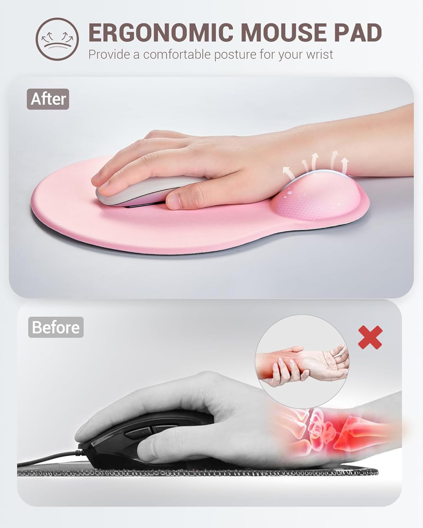 Laborio Set di tappetini per mouse ergonomici con supporto per il polso, in memory foam, per alleviare il dolore al polso, base antiscivolo (set rosa)