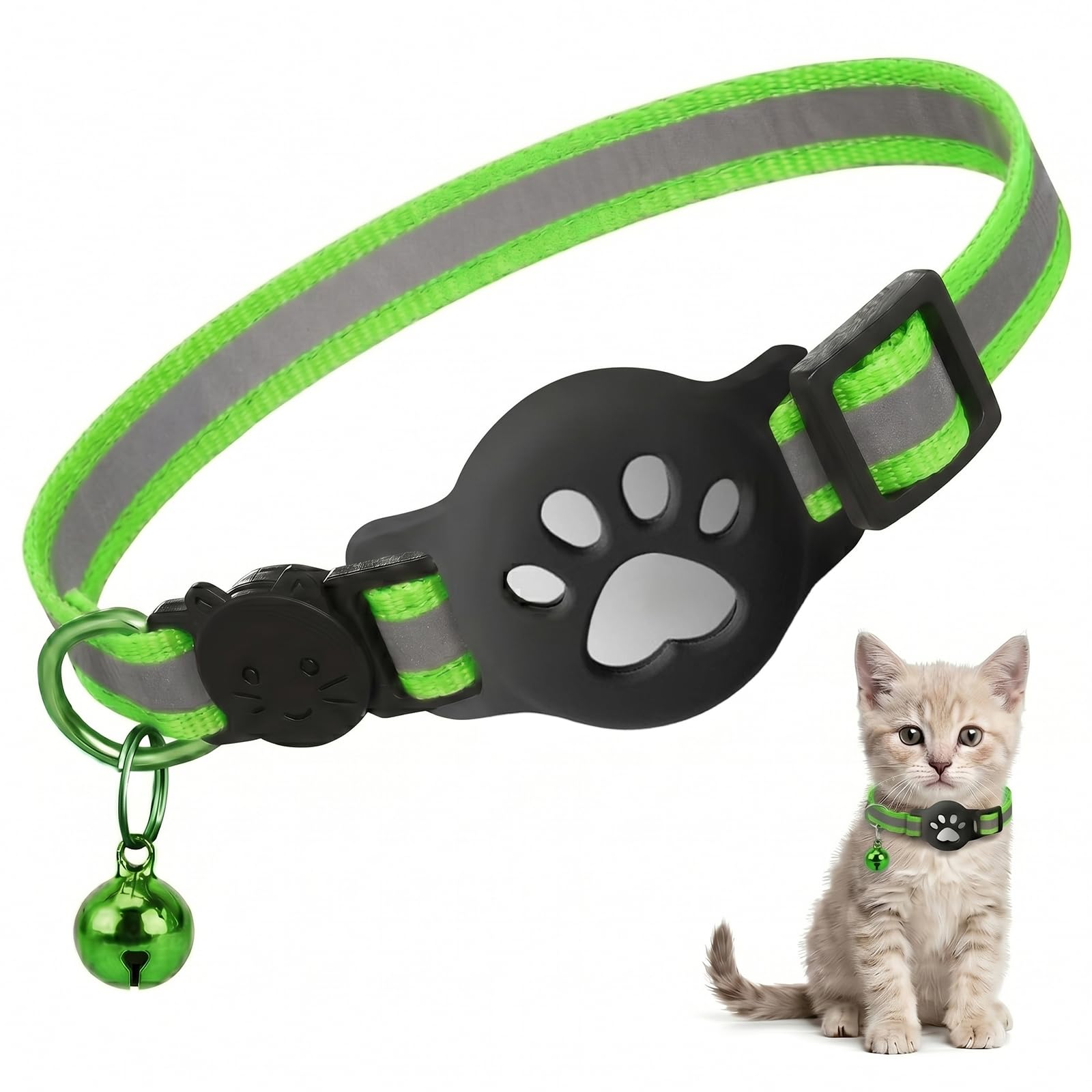 1 Collar Para Gatos Con Airtag Y Reflectante, Collar Elástico Para Gatitos Con Soporte Compatible Con Airtag, Juego De 1 Verde Fluorescente, Accesorio