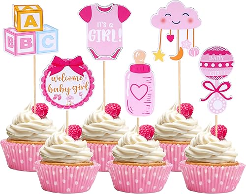 36 piezas de decoración de cupcakes de doble cara para baby shower, nubeluna, estrella, para cupcakes para bebé, bebé, es una niña, decoración de