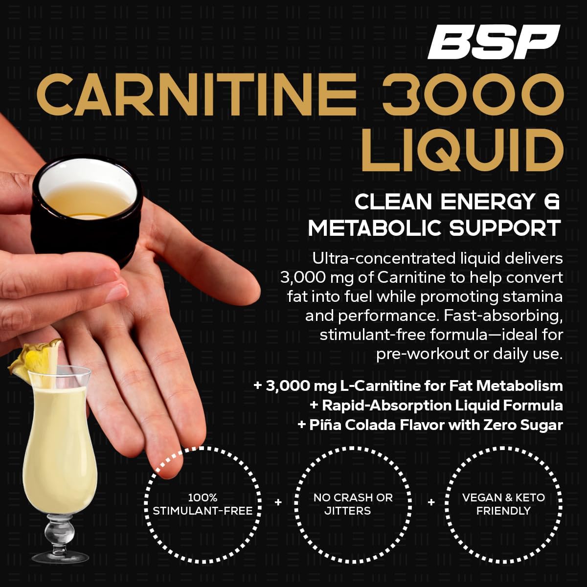 Benavidez Carnitine 3000 Liquid – 3,000 mg Carnitine per Serving | Piña Colada Flavor | Stimulant‑Free Metabolic & Energy Support | Zero Sugar, Monk‑Fruit Sweetened | Keto & Vegan | 16 fl oz