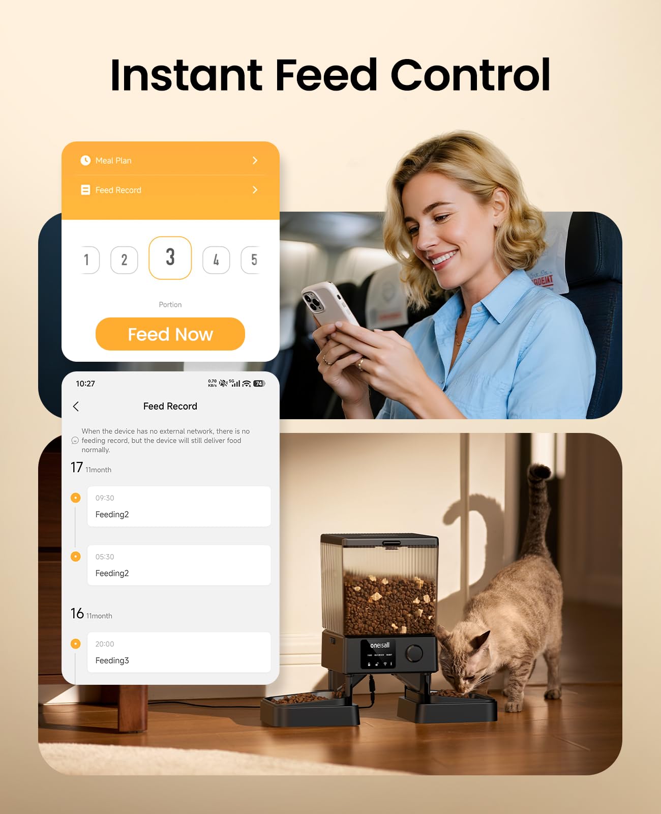 oneisall Automatic Cat Feeder with 5G WiFi, Automatic Cat Food Dispenser for 2 Cats Small Pets, 20 Cups/5L Timed Dry Food Dispenser with APP Control - image 2