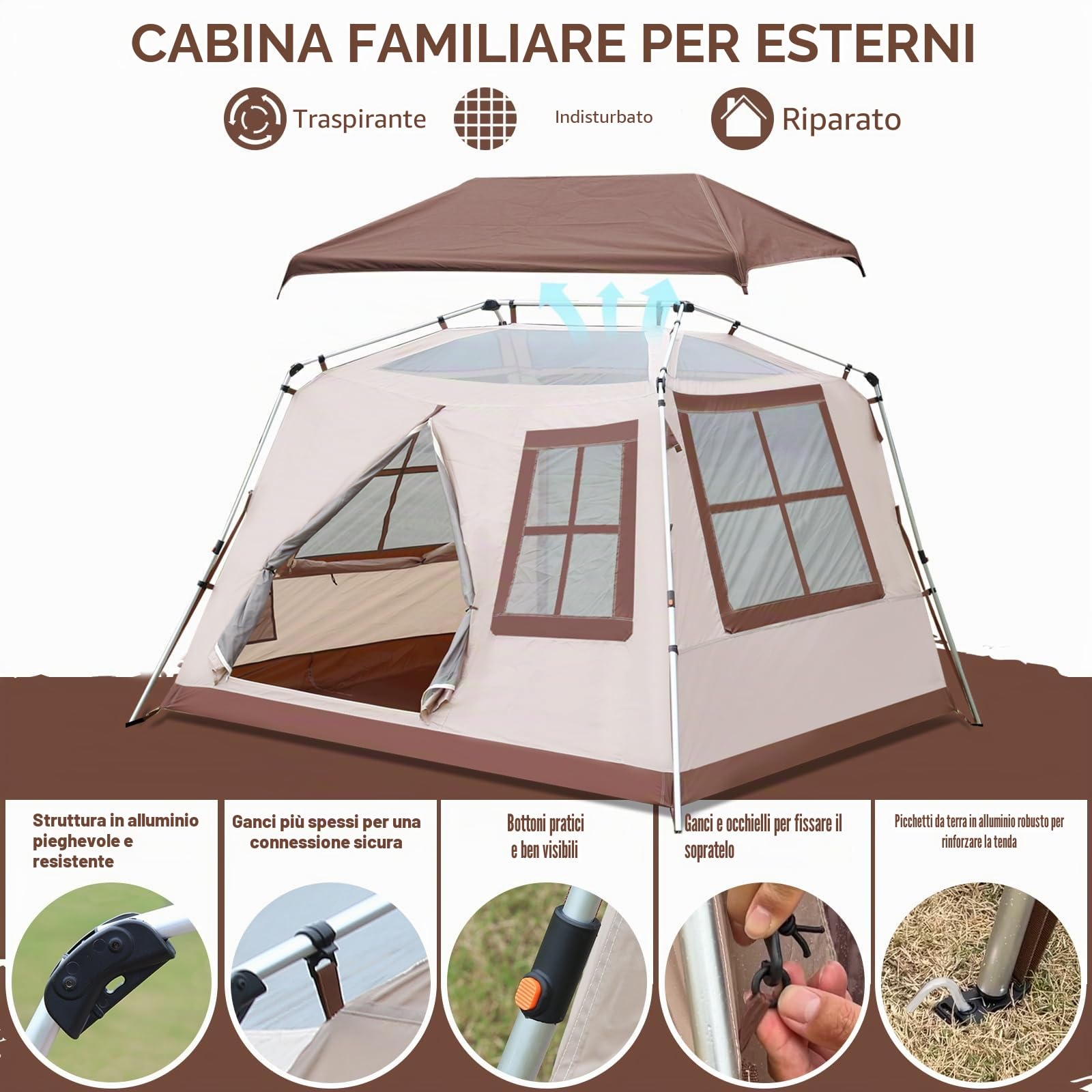 Chihee Tende da campeggio Tenda indipendente, Tenda per famiglia con veranda 2 porte 3 finestre a rete Facile installazione immediata,Telaio ultra resistente Altezza fino a 170 cm Ottima vista