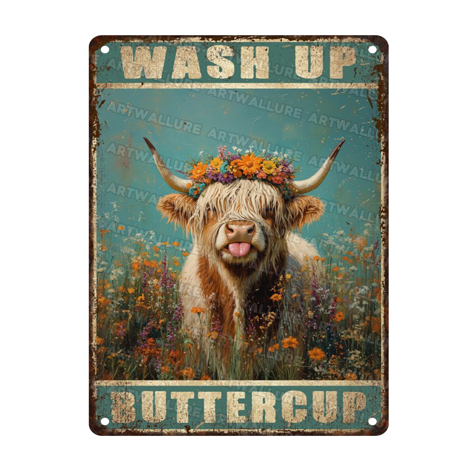 Funny Highland Cow Decor Retro Bathroom Vintage Metal Sign Wash up Rustic Wall Art for Bathroom Man Cave Cafe Bar Metal Plaque 12x16inch