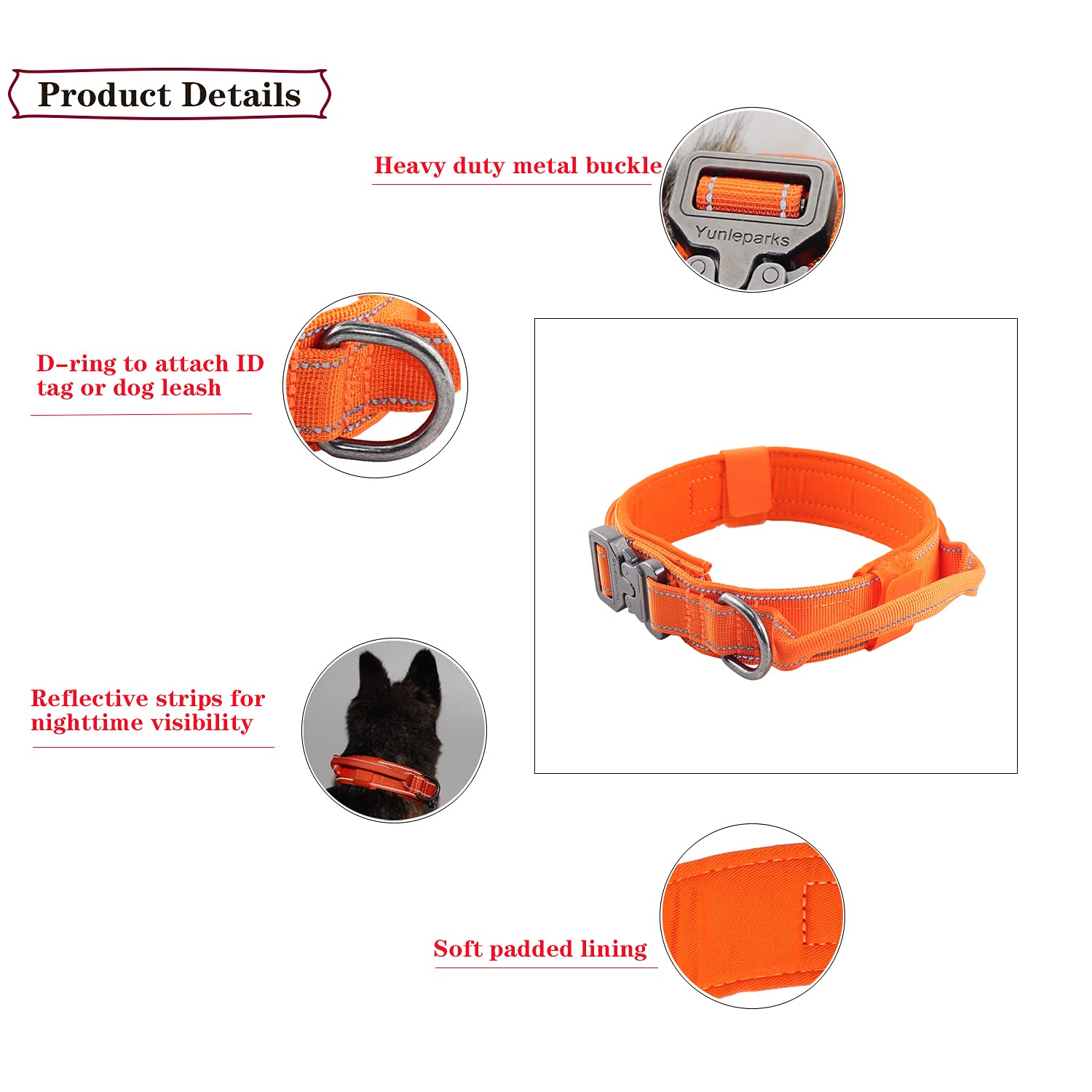 Collar táctico para perro con hebilla de metal resistente y asa de control para entrenamiento de perros medianos y grandes (naranja, XL)