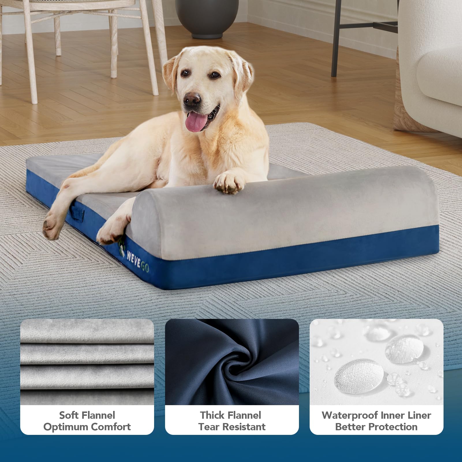 WEVEGO Jumbo Orthopedic Dog Bed With Pillow, Thick Gel Memory Foam, Removable Cover & Waterproof Liner, Durable Flannel Fabric for Large Dogs