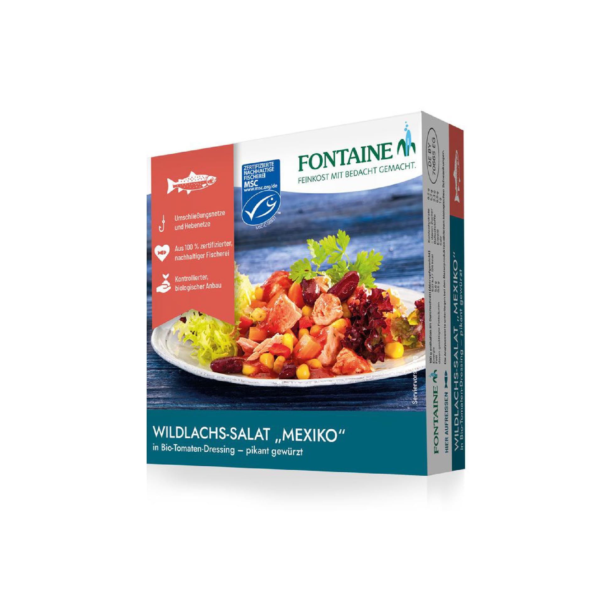Fontaine - Wildlachs Salat "Mexiko-Style" in pikantem Bio-Tomaten-Dressing – 200 g – 5er Pack - Premium Lachsfilets aus 100% zertifizierter, nachhaltiger Fischerei