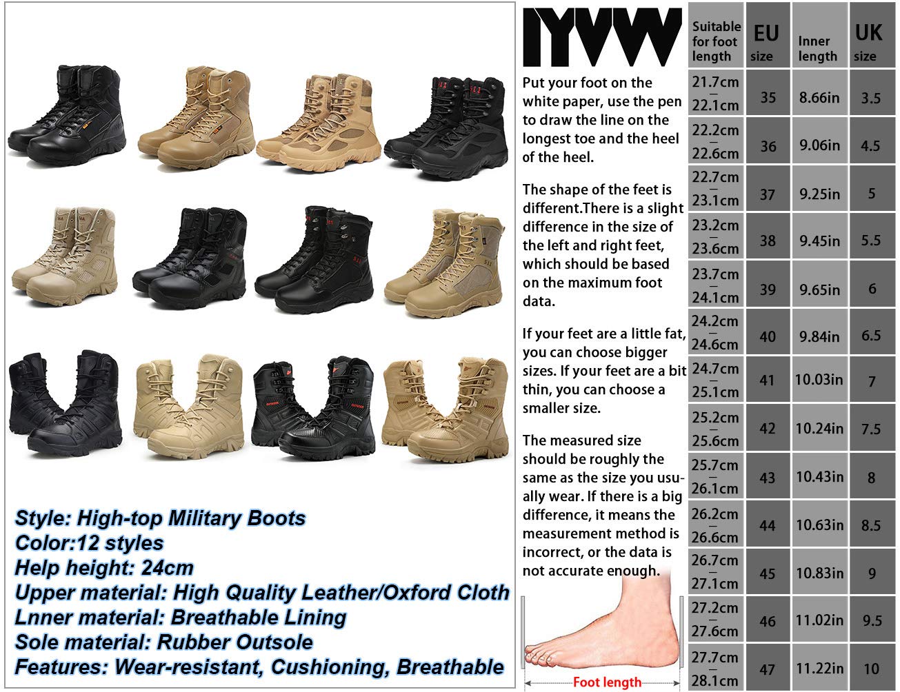 5.AA Hommes Bottes Militaire avec Fermeture Latérale, Bottes Patrouille Combat Tactique Recrues Armée Désert Sécurité Militaire Chaussure