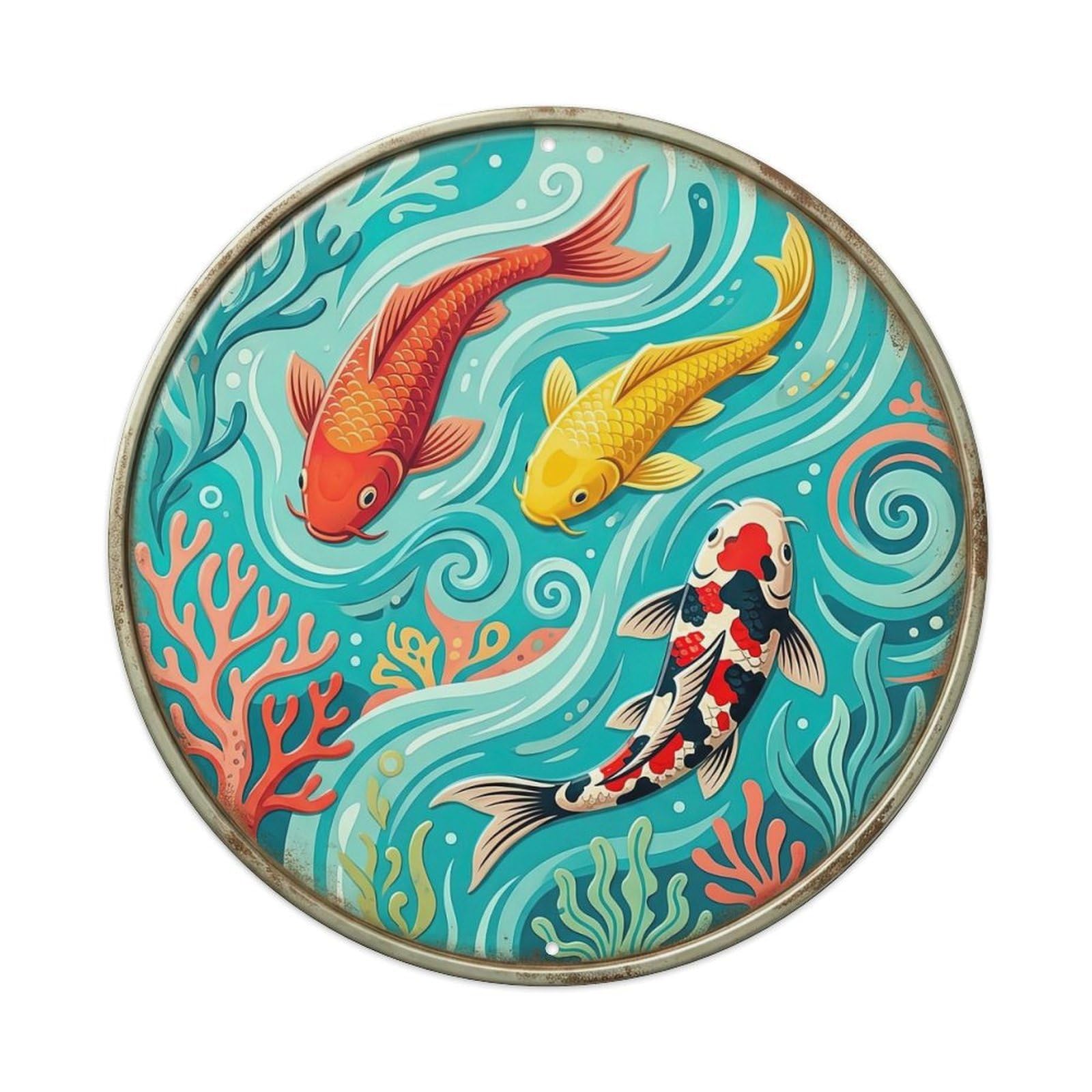 Coral Reef Dance Tropical Koi Fish 1 Metal Tin Sign Plaque Wall Decor for Cafe, Club, Garden Round Metal Poster 8x8Inch
