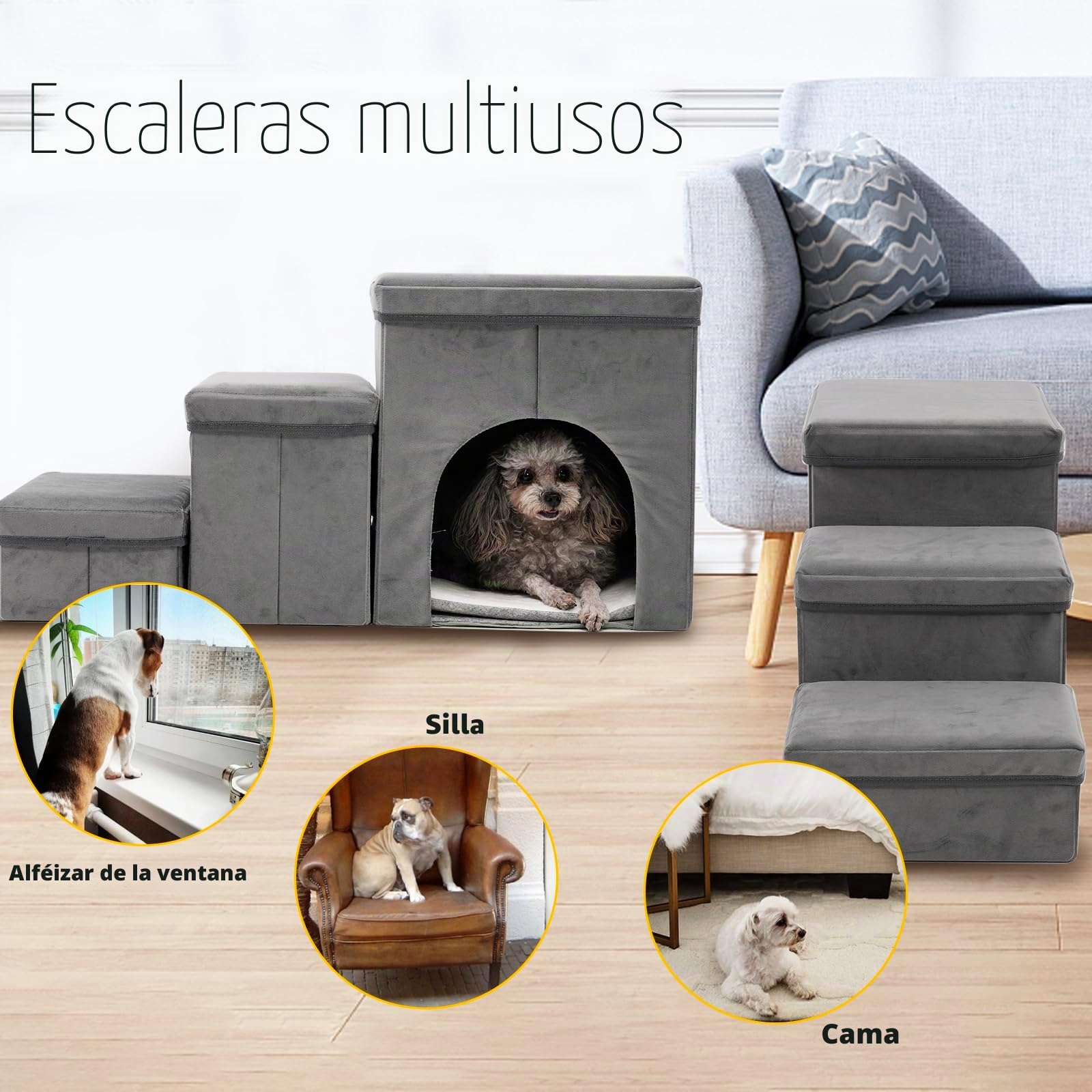 Escalera para Perros de 3 Niveles para Perros Pequeños,con Espacio de Almacenamiento para Cama,Sofá,40 cm de Alto,Escalera para Gatos Viejos,Esponja para Mascotas,Gris y Azul