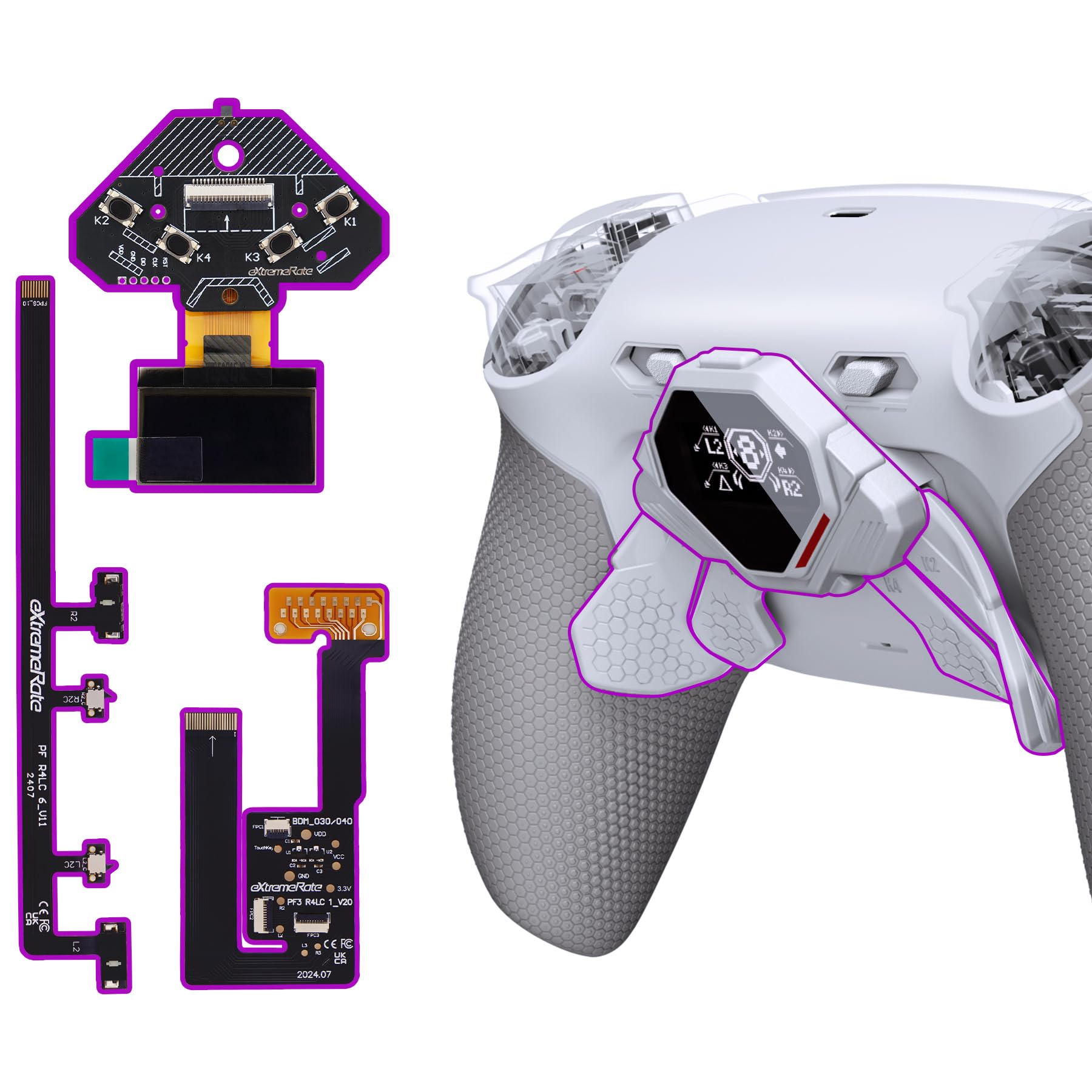 eXtremeRate SPARK Remap Kit per ps5 Controller BDM-030 040 050, Display OLED + Clicky Trigger Stop + Grip Ergonomici, 4 Palette Tasti Posteriori Rimappabili Accessori per ps5 Joystick, Grigio