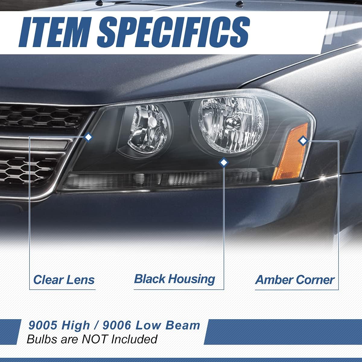 Auto Dynasty Headlights Assembly Compatible with 2008-2014 Dodge Avenger, Driver Passenger Side Halogen Headlamps Replacement, OE Style, Black Housing Amber Corner